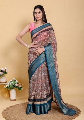 Brown Zari Work Silk Blend Saree Set
