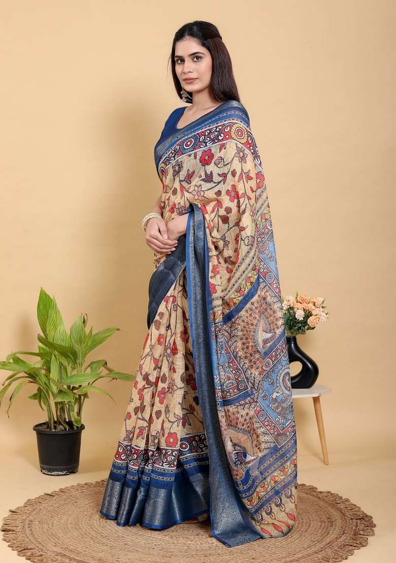 Yellow Zari Work Silk Blend Saree Set for Diwali and Festive Wear - Indya