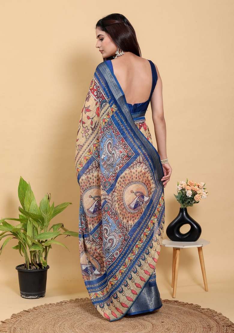 Yellow Zari Work Silk Blend Saree Set for Diwali and Festive Wear - Indya