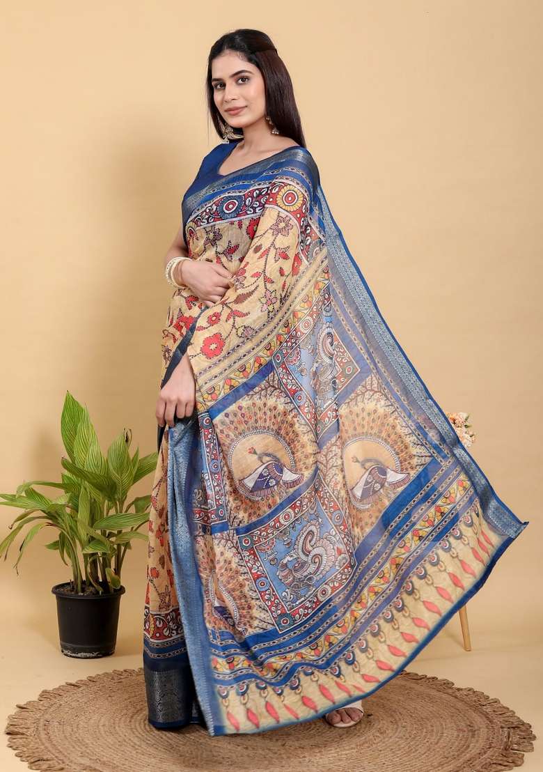 Yellow Zari Work Silk Blend Saree Set for Diwali and Festive Wear - Indya