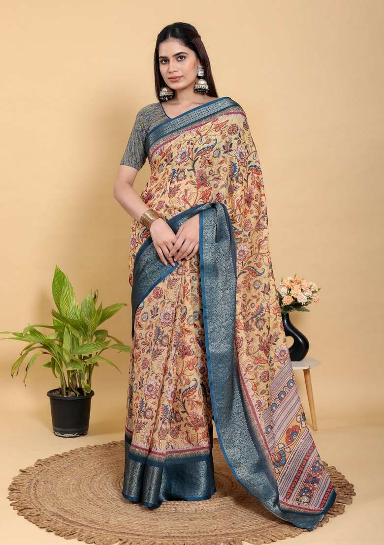 Mustard Zari Work Silk Blend Saree Set for Diwali and Festive Wear - Indya