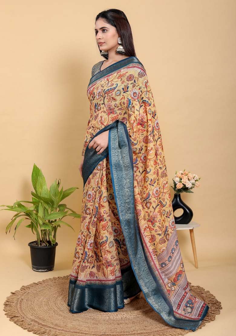 Mustard Zari Work Silk Blend Saree Set for Diwali and Festive Wear - Indya