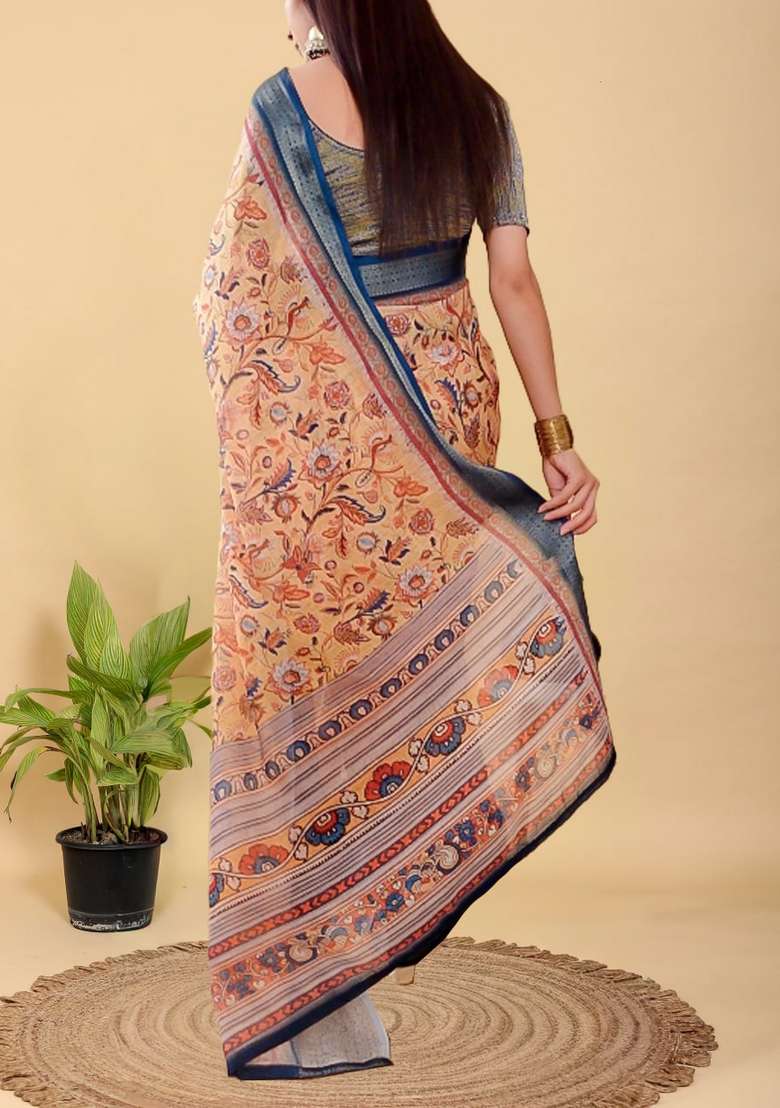 Mustard Zari Work Silk Blend Saree Set for Diwali and Festive Wear - Indya