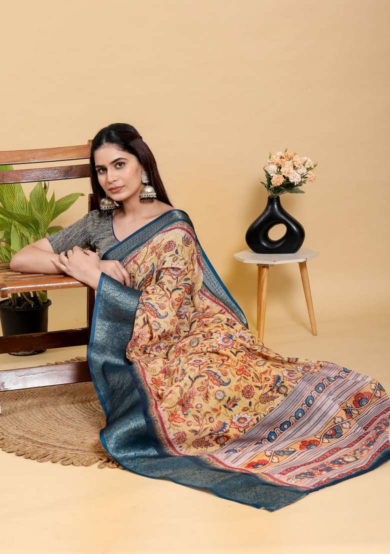 Mustard Zari Work Silk Blend Saree Set for Diwali and Festive Wear - Indya