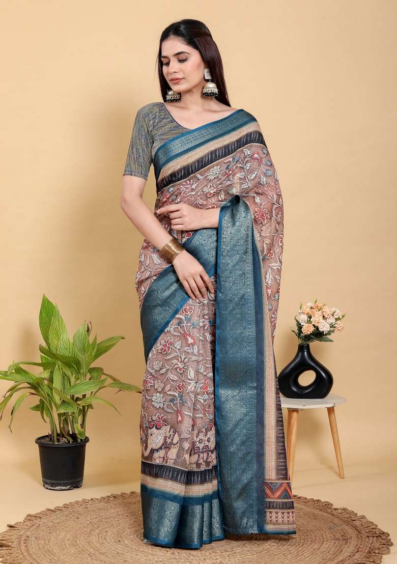 Onion Pink Zari Work Silk Blend Saree Set for Diwali and Festive Wear - Indya