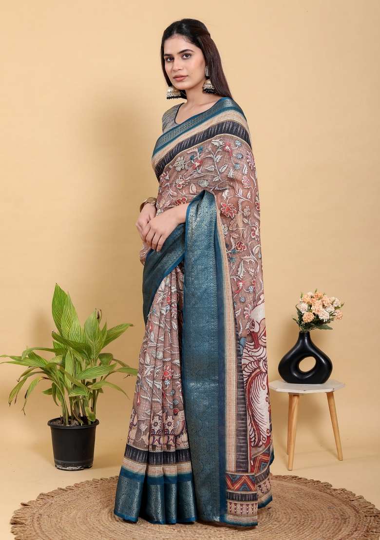 Onion Pink Zari Work Silk Blend Saree Set for Diwali and Festive Wear - Indya