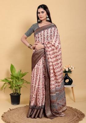 Peach Zari Work Silk Blend Saree Set