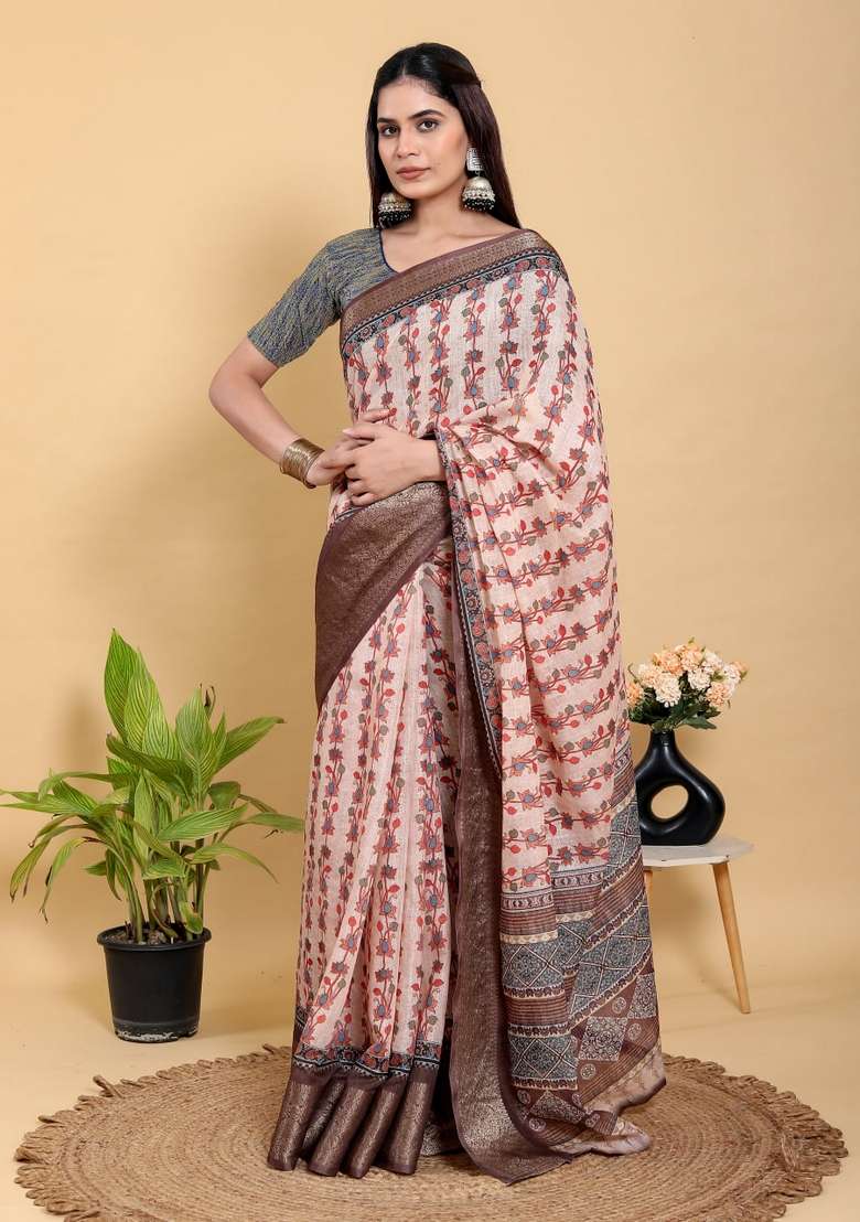 Peach Silk Blend Saree Set with Zari Work for Diwali | Wedding & Festive Wear - Indya
