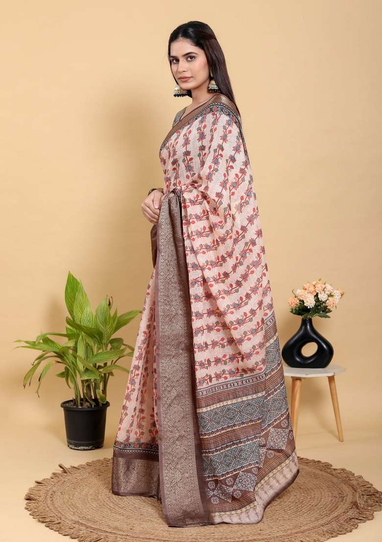 Peach Silk Blend Saree Set with Zari Work for Diwali | Wedding & Festive Wear - Indya