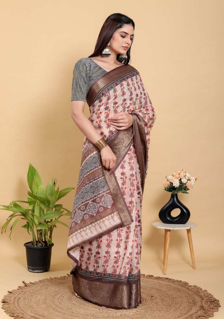 Peach Silk Blend Saree Set with Zari Work for Diwali | Wedding & Festive Wear - Indya