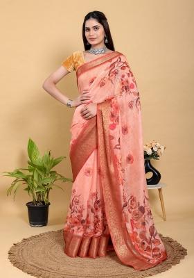 Peach Zari Work Silk Blend Saree Set