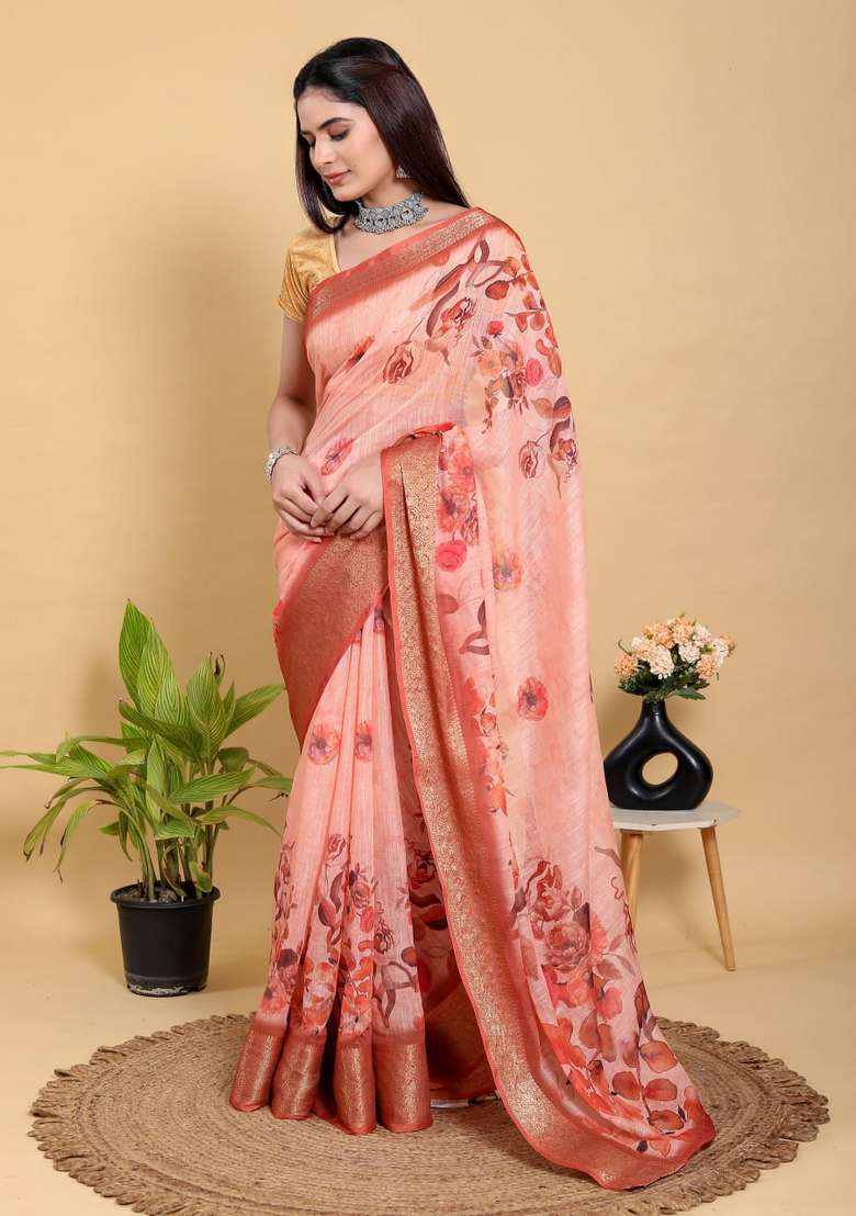 Peach Zari Work Silk Blend Saree Set for Diwali and Festive Wear - Indya