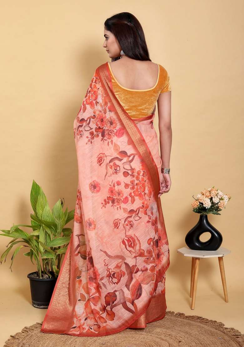 Peach Zari Work Silk Blend Saree Set for Diwali and Festive Wear - Indya