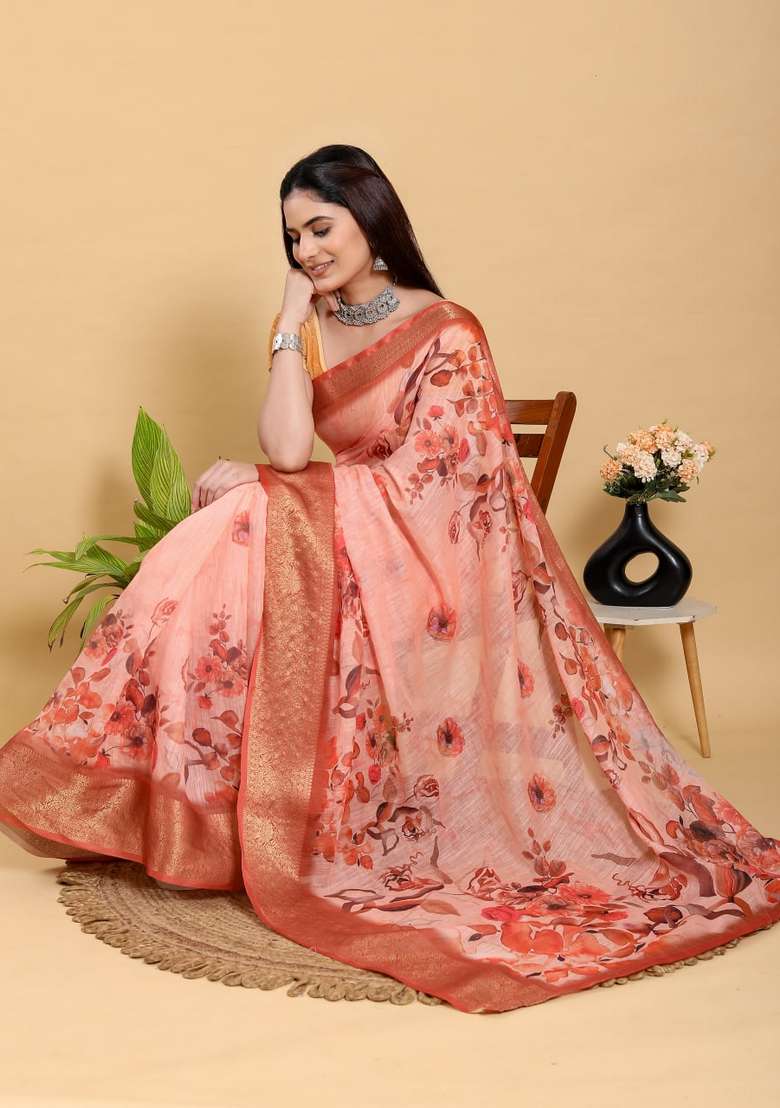 Peach Zari Work Silk Blend Saree Set for Diwali and Festive Wear - Indya