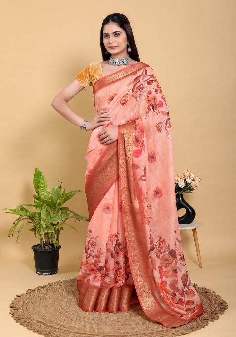 Peach Zari Work Silk Saree Set — view on Indya