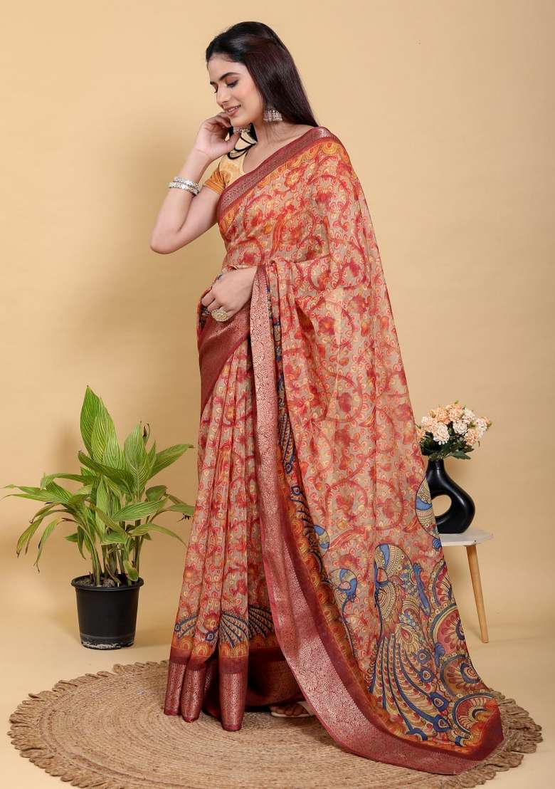 Cream Silk Blend Saree Set with Zari Work for Diwali | Wedding & Festive Wear - Indya