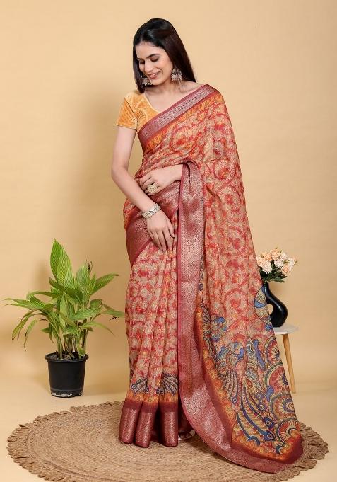 Cream Zari Work Silk Saree Set — view on Indya