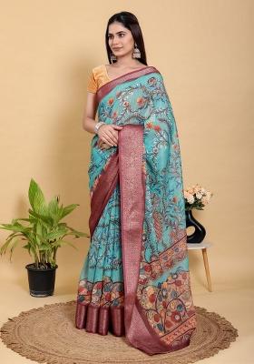 Light Sky Blue Zari Work Silk Blend Saree Set