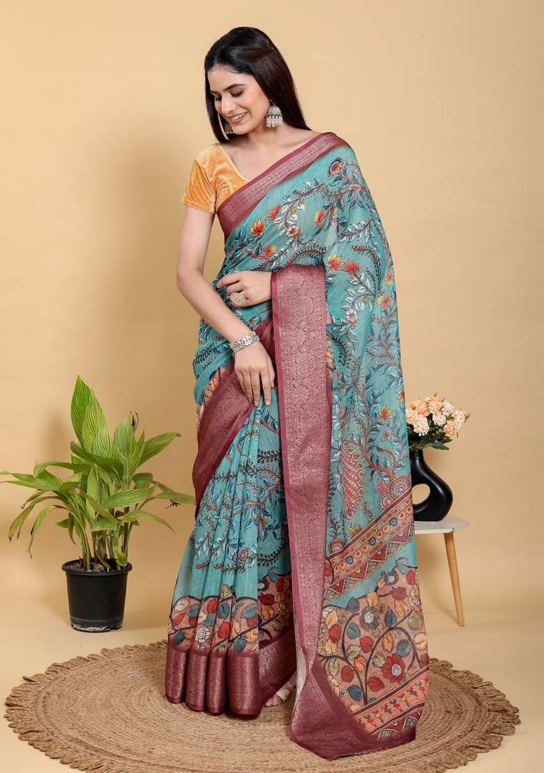 Light Sky Blue Silk Blend Saree Set with Zari Work for Diwali | Wedding & Festive Wear - Indya