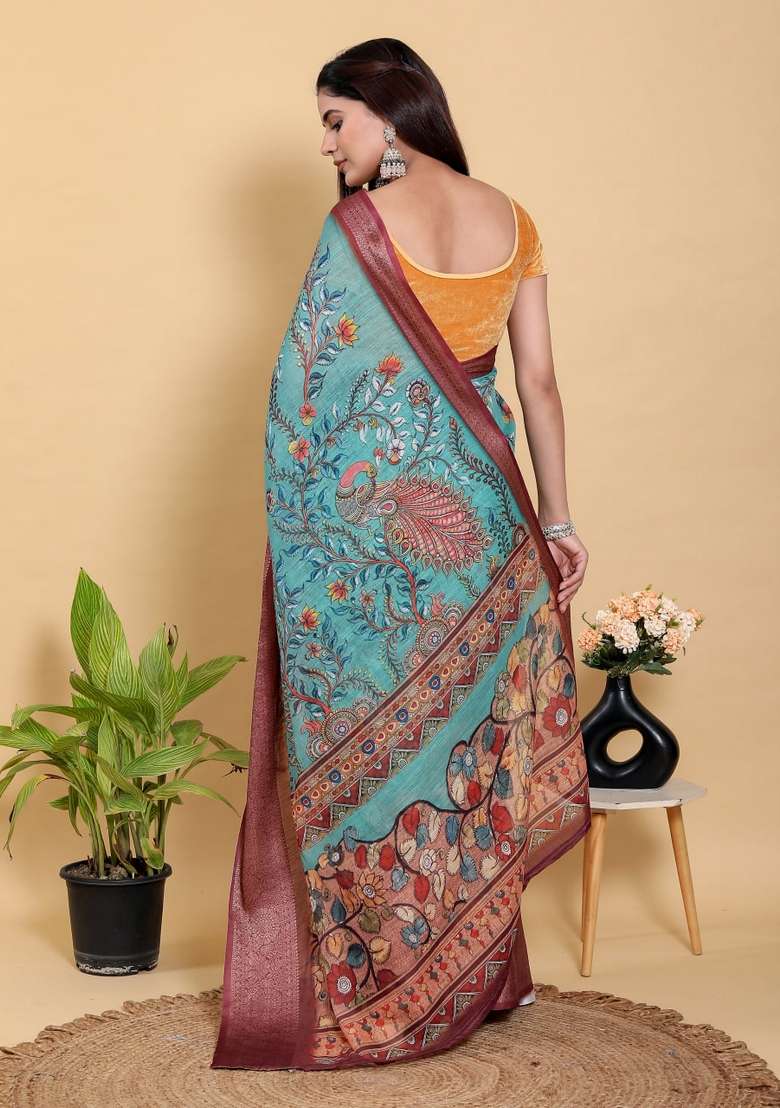 Light Sky Blue Silk Blend Saree Set with Zari Work for Diwali | Wedding & Festive Wear - Indya