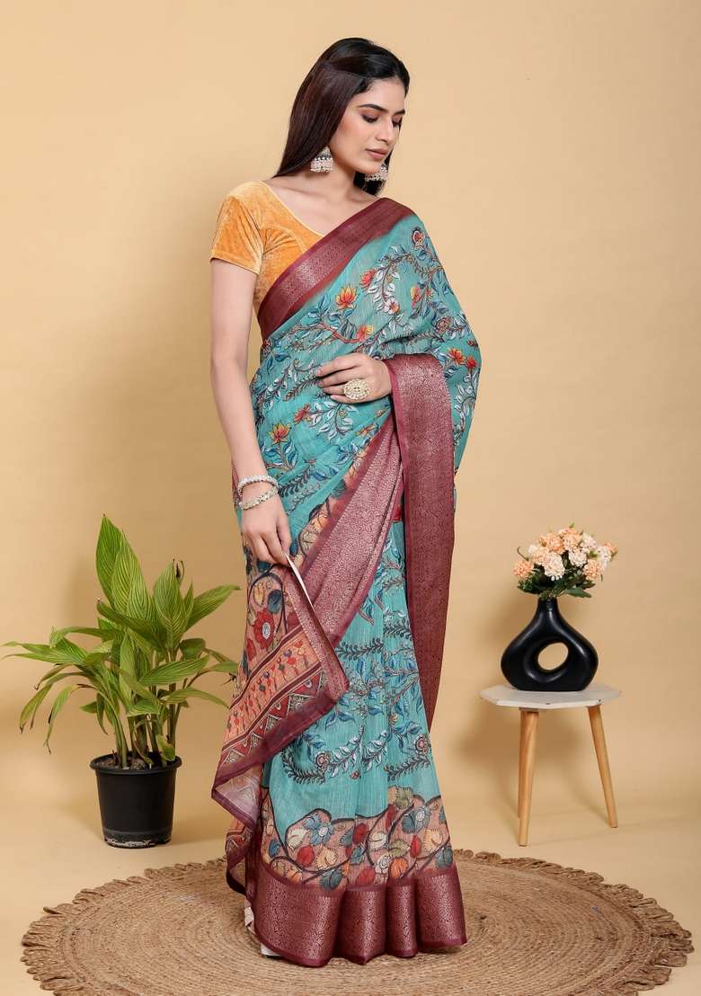Light Sky Blue Silk Blend Saree Set with Zari Work for Diwali | Wedding & Festive Wear - Indya