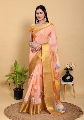 Peach Zari Work Silk Blend Saree Set