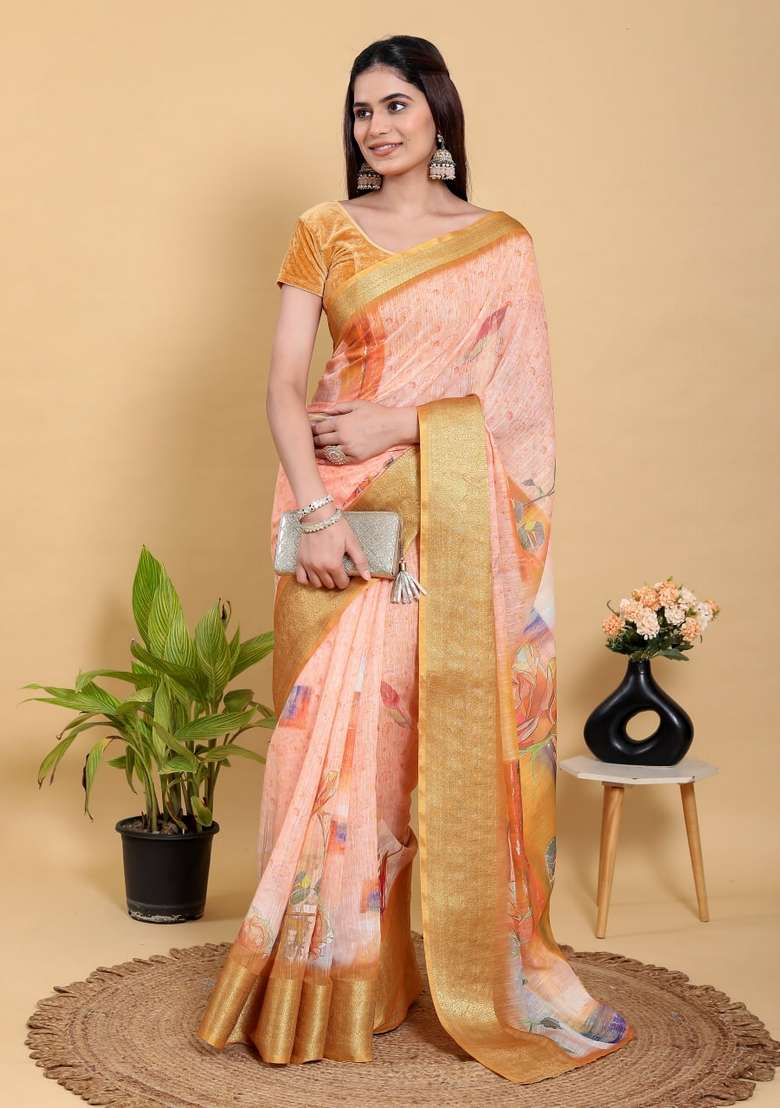 Peach Zari Work Silk Blend Saree Set for Diwali and Festive Wear - Indya