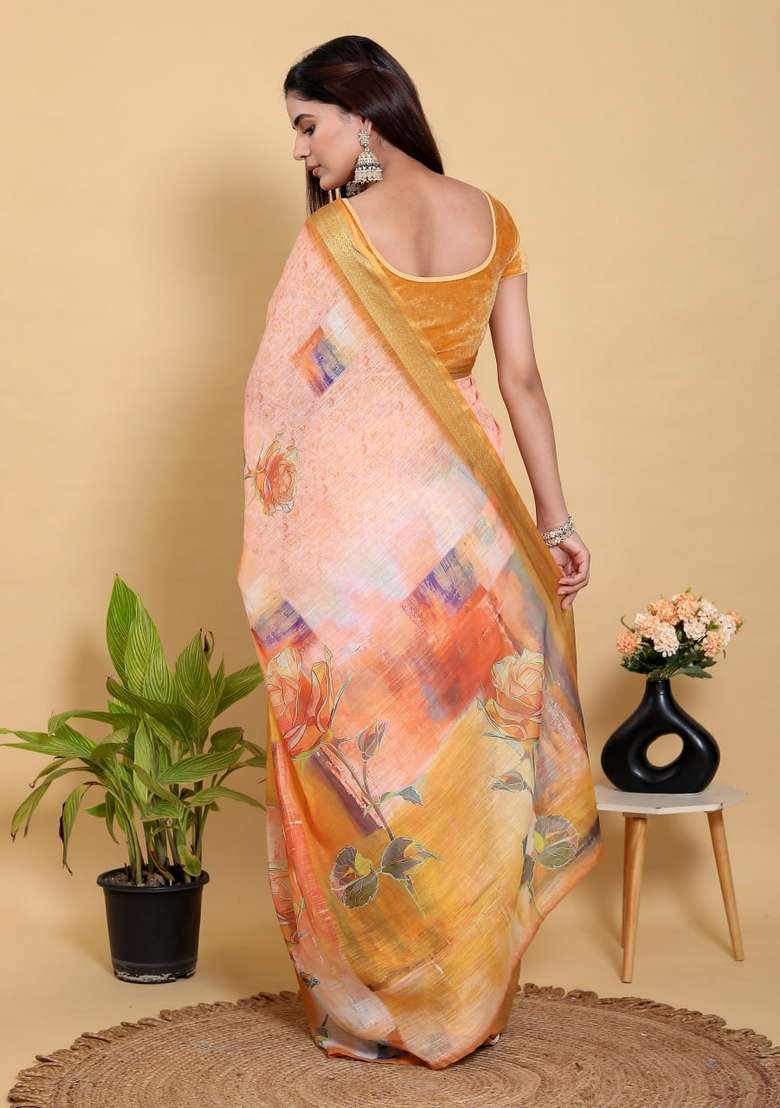 Peach Zari Work Silk Blend Saree Set for Diwali and Festive Wear - Indya