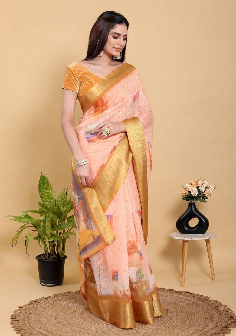 Peach Zari Work Silk Blend Saree Set for Diwali and Festive Wear - Indya