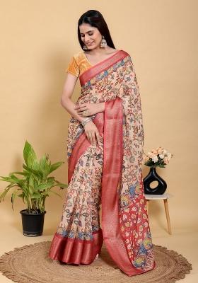 Peach Zari Work Silk Blend Saree Set
