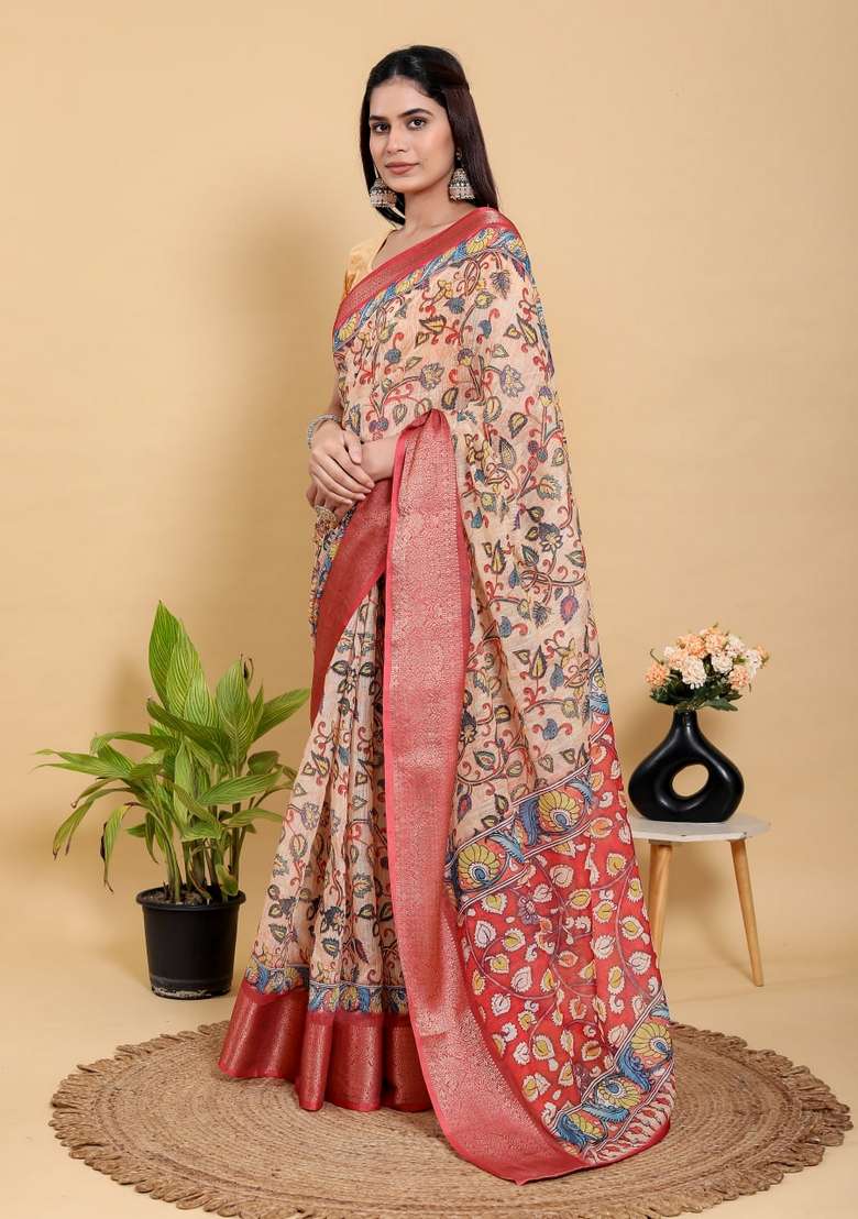 Peach Silk Blend Saree Set with Zari Work for Diwali | Wedding & Festive Wear - Indya