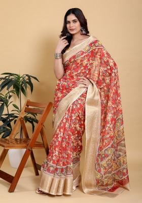Dark Orange Zari Work Silk Blend Saree Set