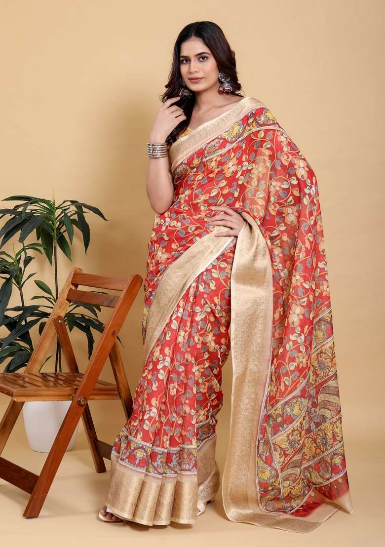 Dark Orange Silk Blend Saree Set with Zari Work for Diwali | Wedding & Festive Wear - Indya