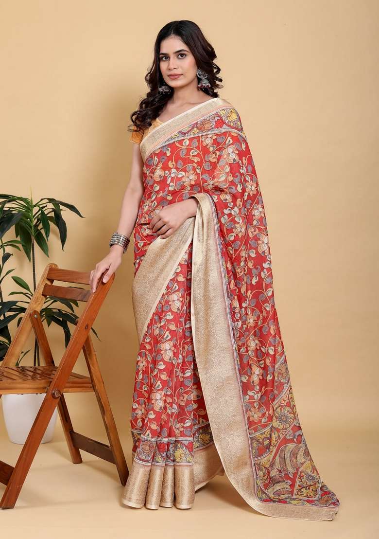 Dark Orange Silk Blend Saree Set with Zari Work for Diwali | Wedding & Festive Wear - Indya
