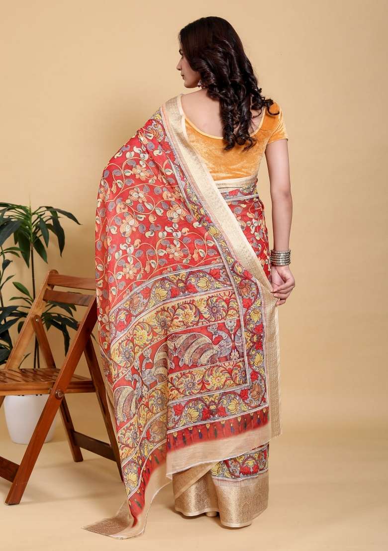 Dark Orange Silk Blend Saree Set with Zari Work for Diwali | Wedding & Festive Wear - Indya