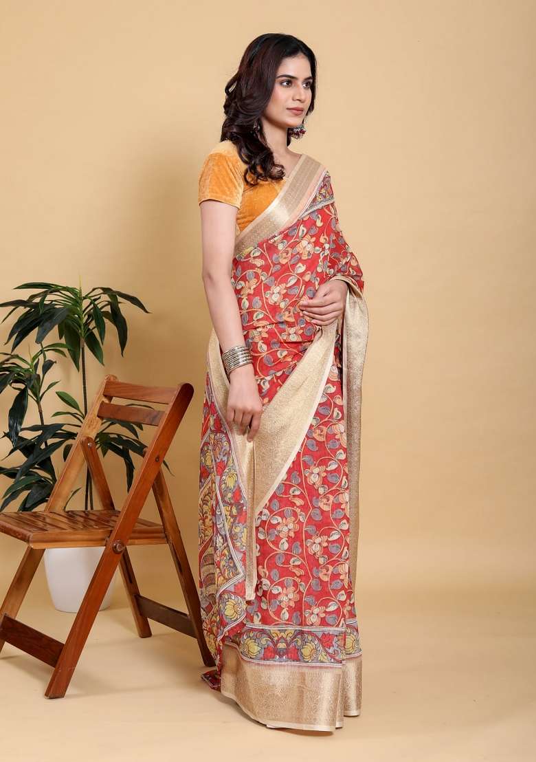 Dark Orange Silk Blend Saree Set with Zari Work for Diwali | Wedding & Festive Wear - Indya