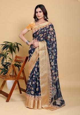Black Zari Work Silk Blend Saree Set