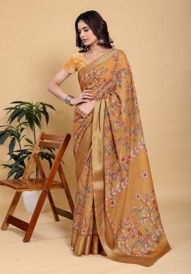 Mustard Zari Work Silk Blend Saree Set