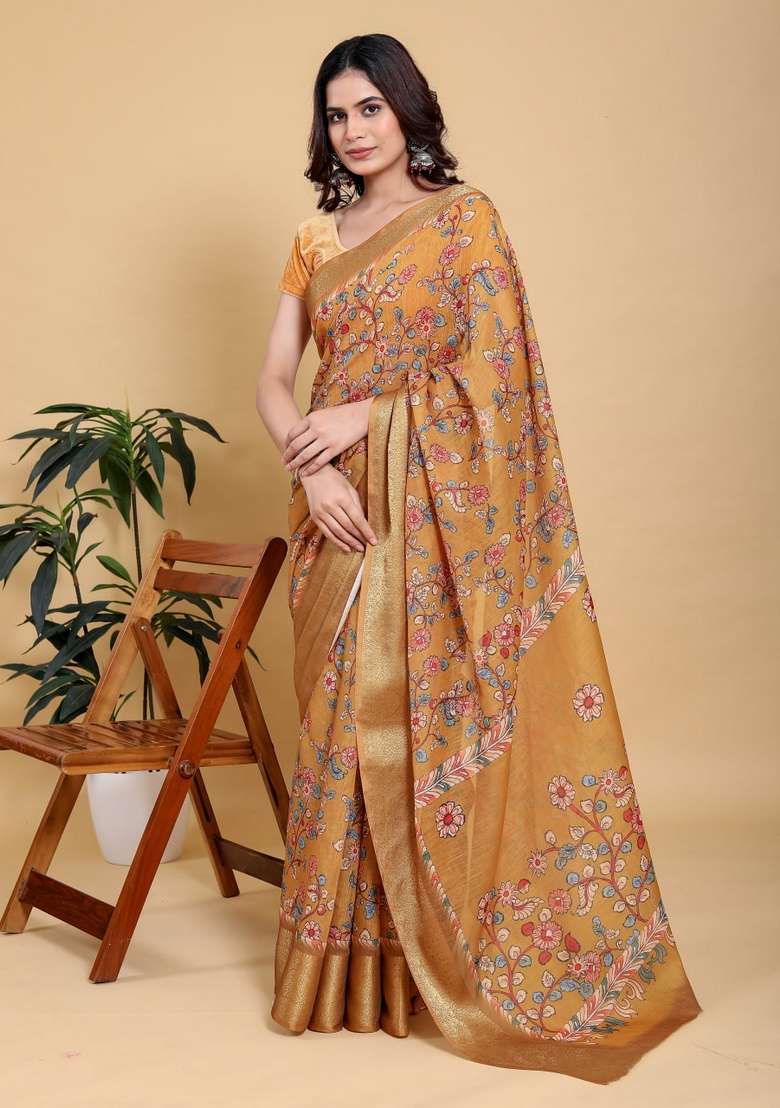 Mustard Zari Work Silk Blend Saree Set for Diwali and Festive Wear - Indya