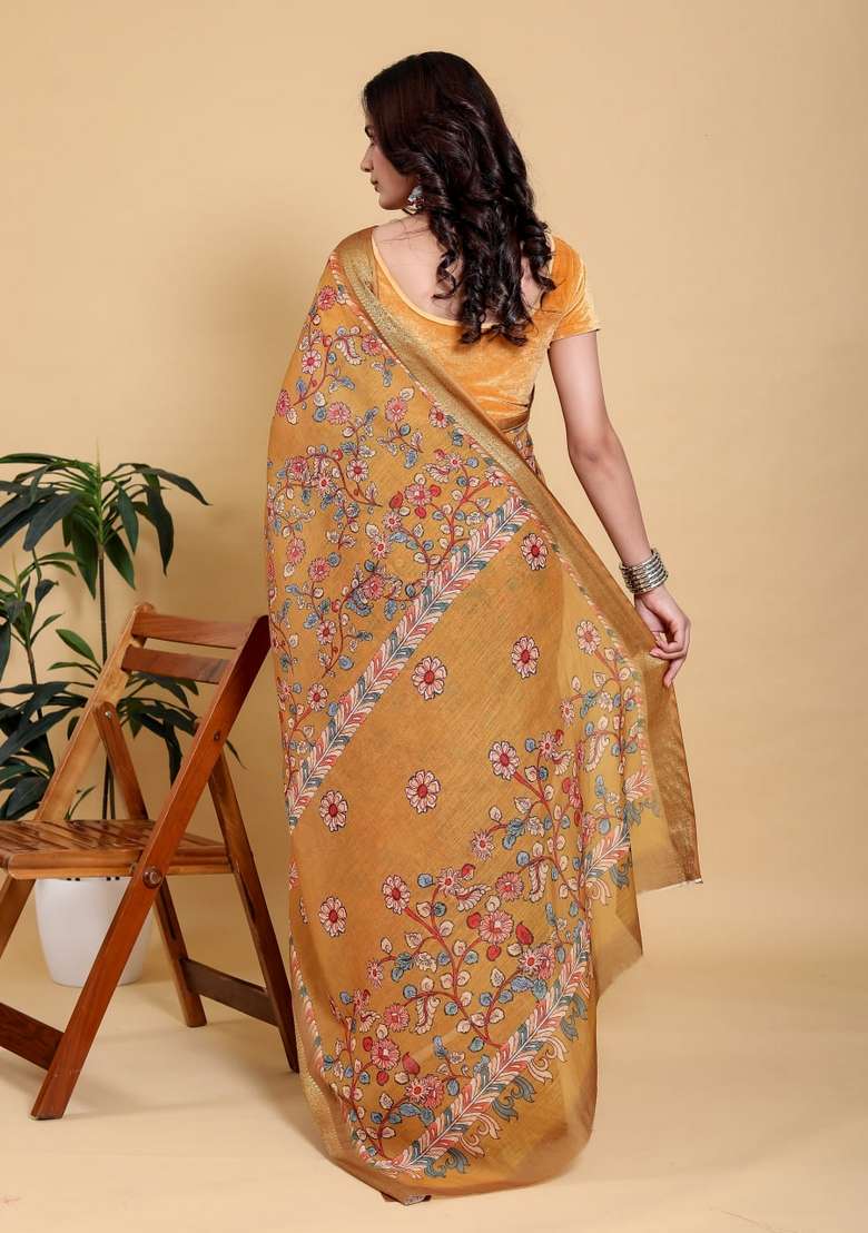 Mustard Zari Work Silk Blend Saree Set for Diwali and Festive Wear - Indya