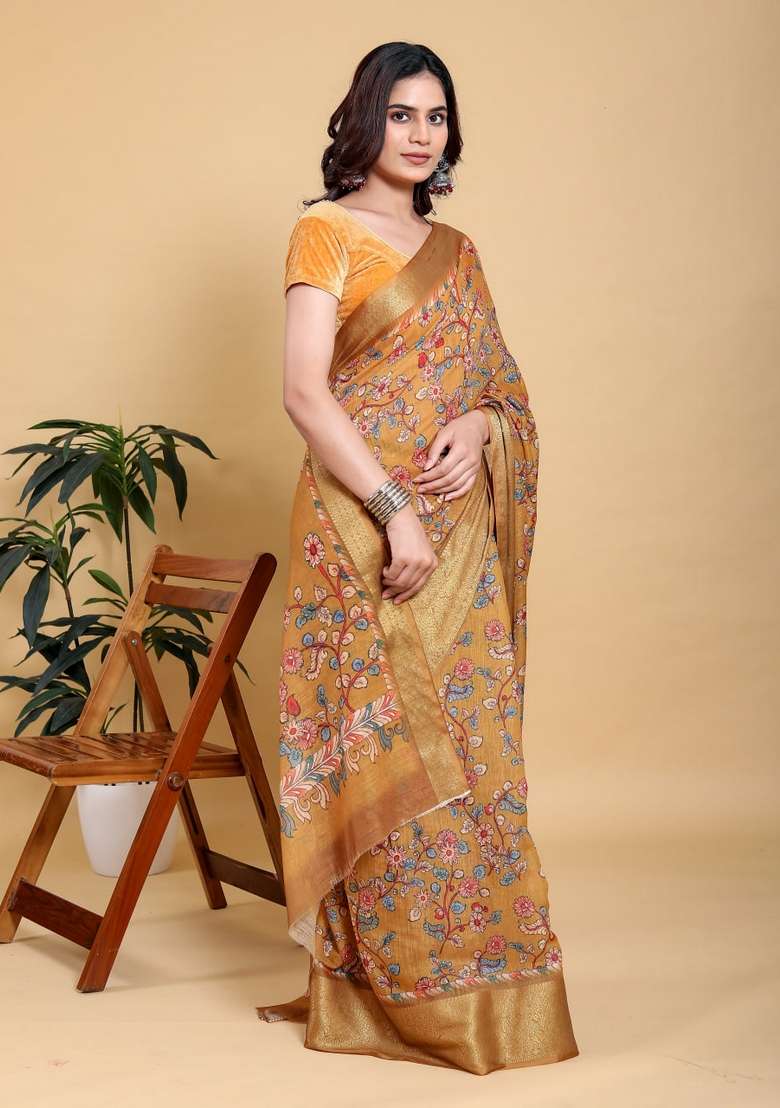 Mustard Zari Work Silk Blend Saree Set for Diwali and Festive Wear - Indya