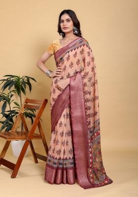 Peach Zari Work Silk Blend Saree Set