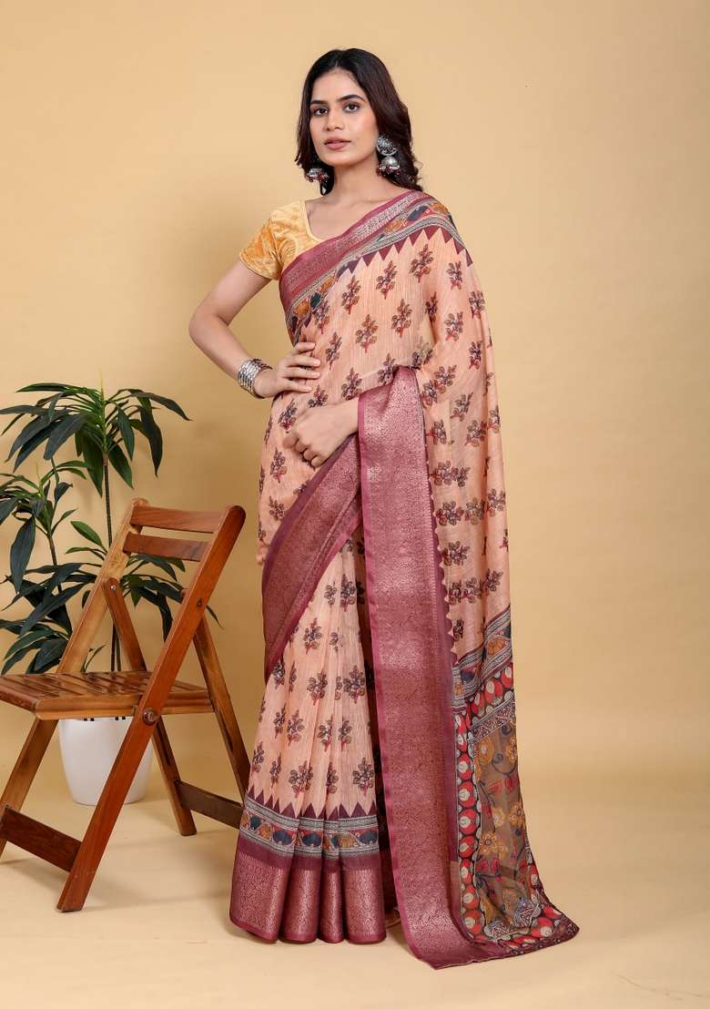 Peach Silk Blend Saree Set with Zari Work for Diwali | Wedding & Festive Wear - Indya