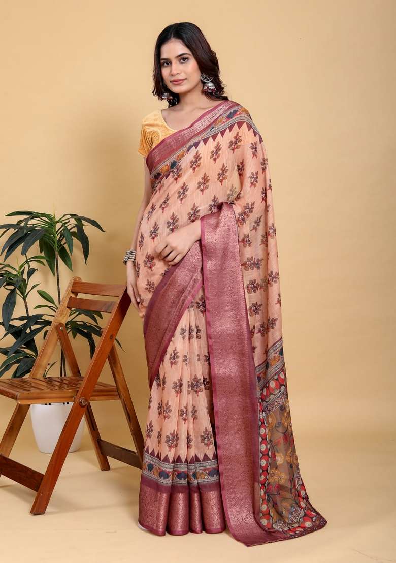 Peach Silk Blend Saree Set with Zari Work for Diwali | Wedding & Festive Wear - Indya
