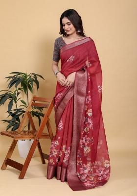 Red Zari Work Silk Blend Saree Set