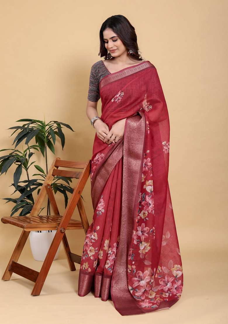 Red Silk Blend Saree Set with Zari Work for Diwali | Wedding & Festive Wear - Indya