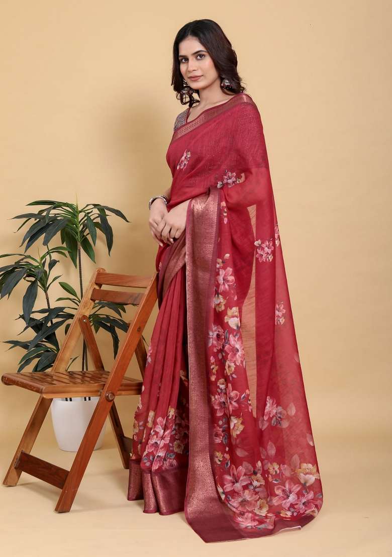 Red Silk Blend Saree Set with Zari Work for Diwali | Wedding & Festive Wear - Indya