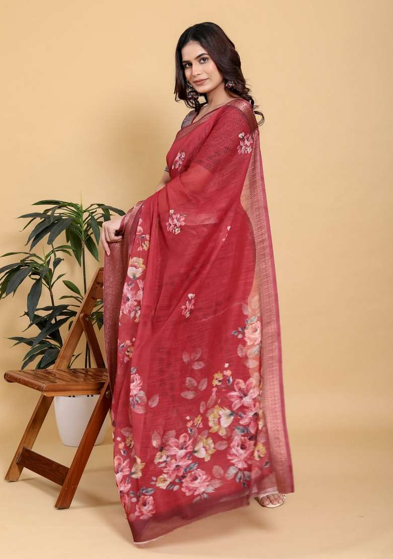 Red Silk Blend Saree Set with Zari Work for Diwali | Wedding & Festive Wear - Indya