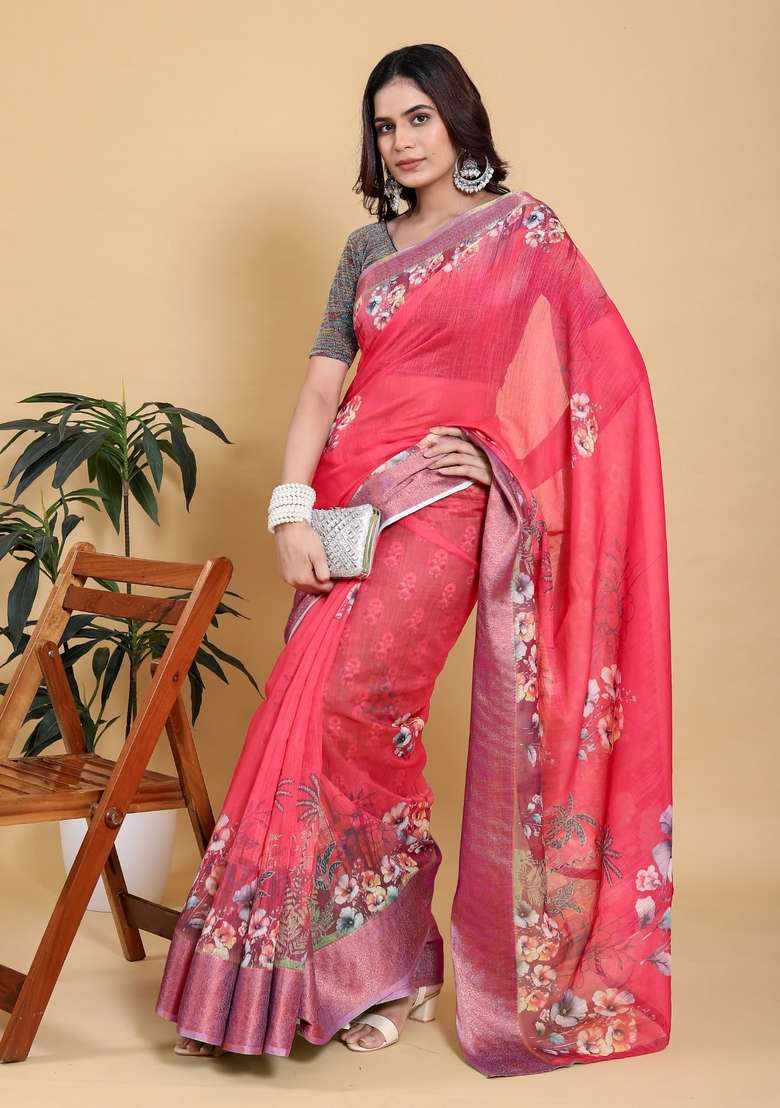 Hot Pink Silk Blend Saree Set with Zari Work for Diwali | Wedding & Festive Wear - Indya