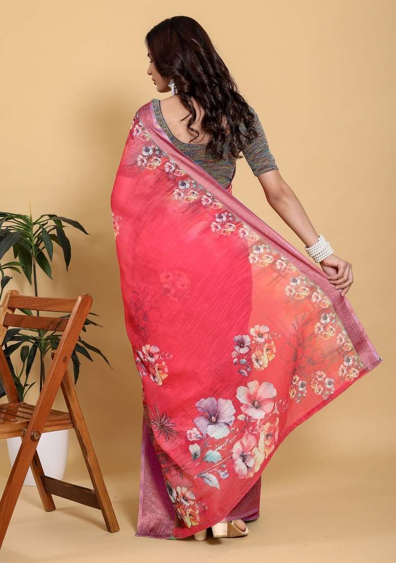 Hot Pink Silk Blend Saree Set with Zari Work for Diwali | Wedding & Festive Wear - Indya